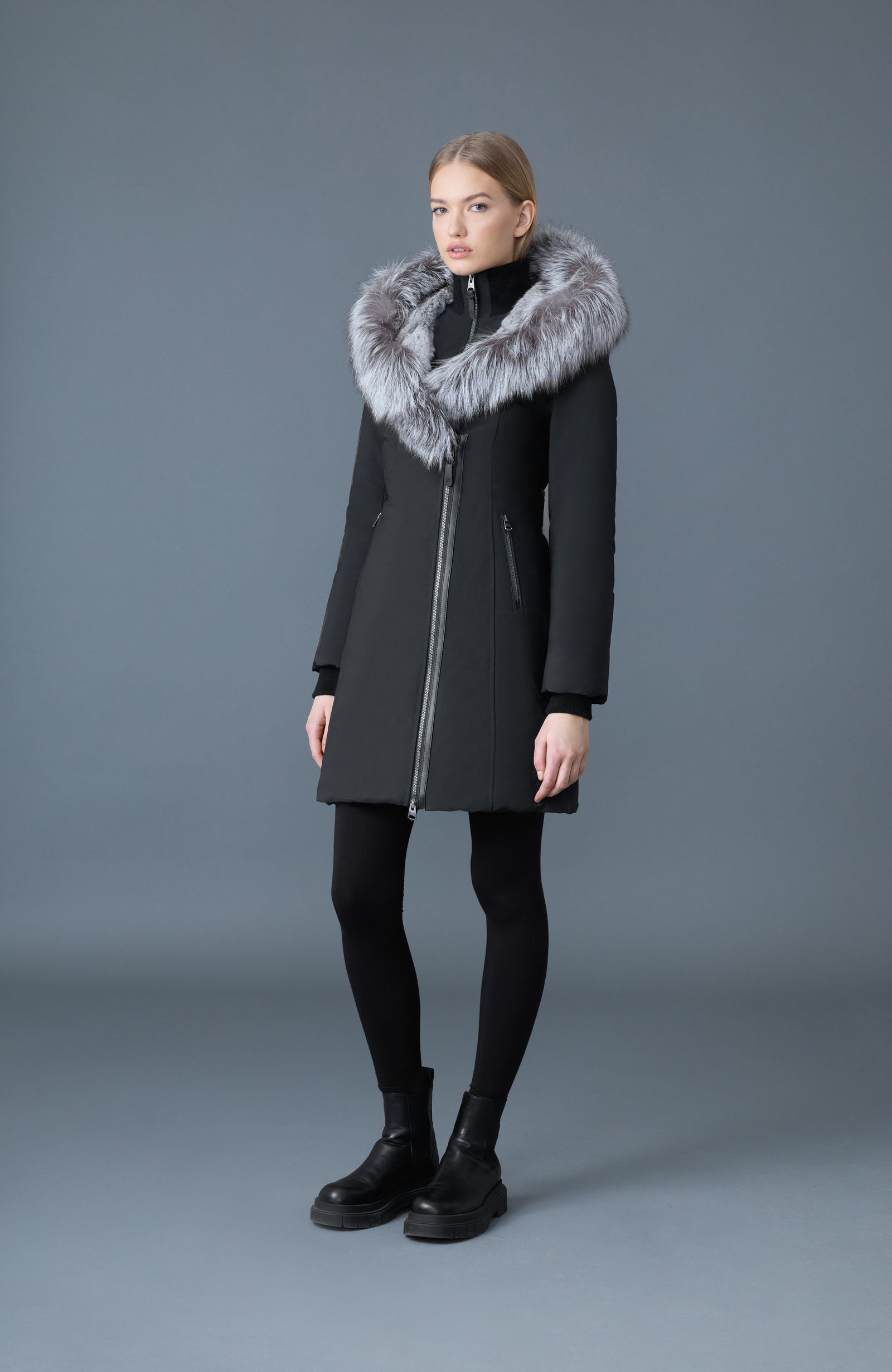 Trish-X, Powder Touch down coat with silver fox fur Signature