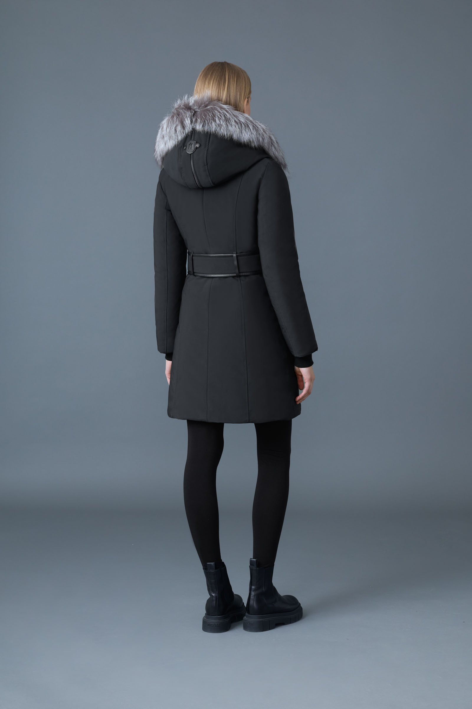 Trish-X, Powder Touch down coat with silver fox fur Signature