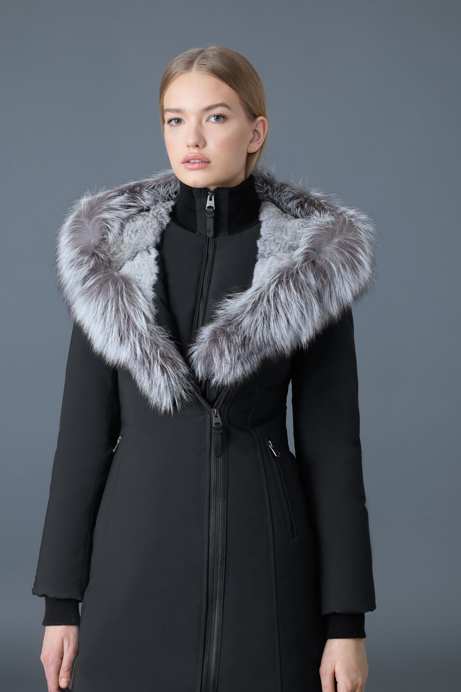 Trish-X, Powder Touch down coat with silver fox fur